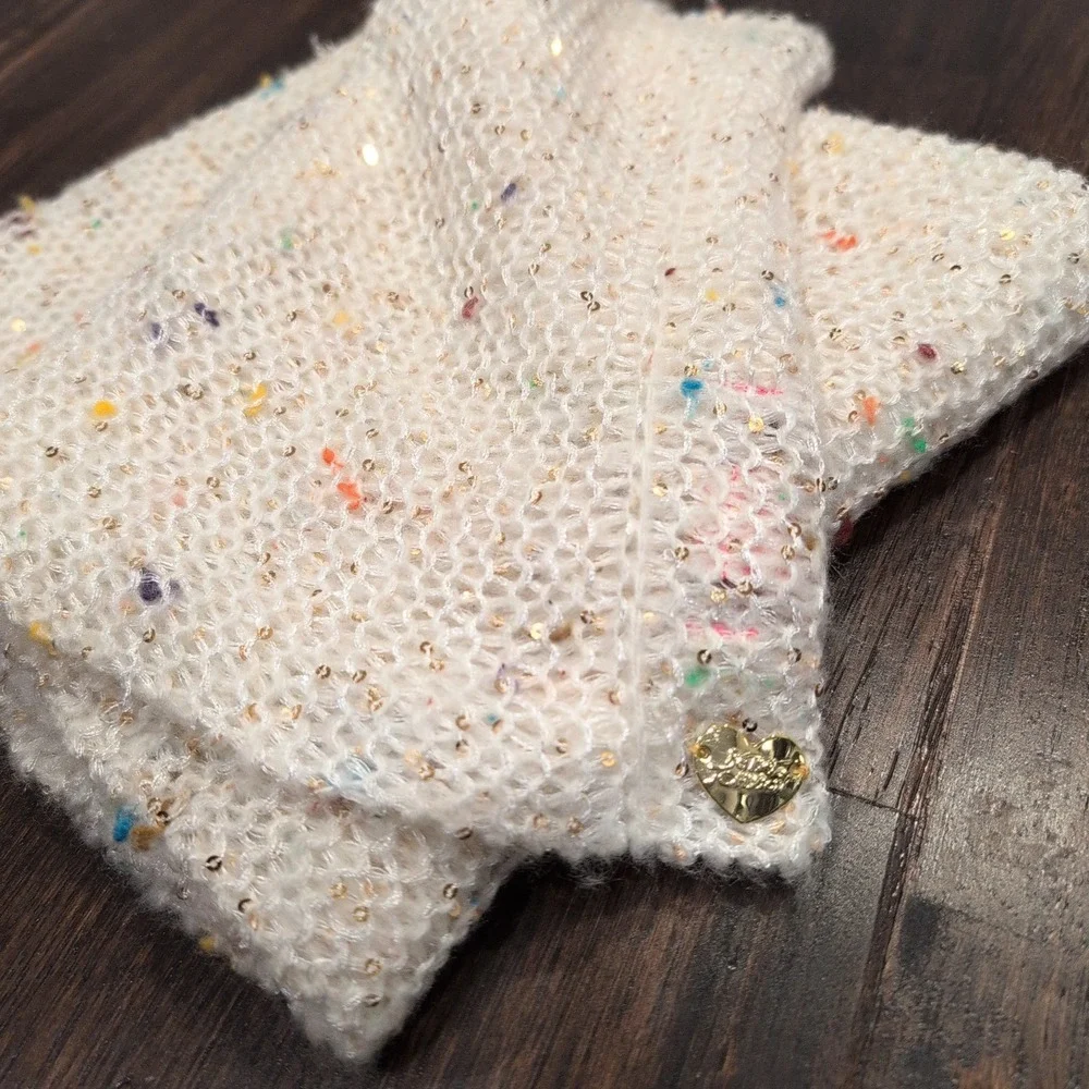 Betsy Johnson Cream Confetti Knit Infinity Scarf Sparkle Sequin Gold Heart Charm